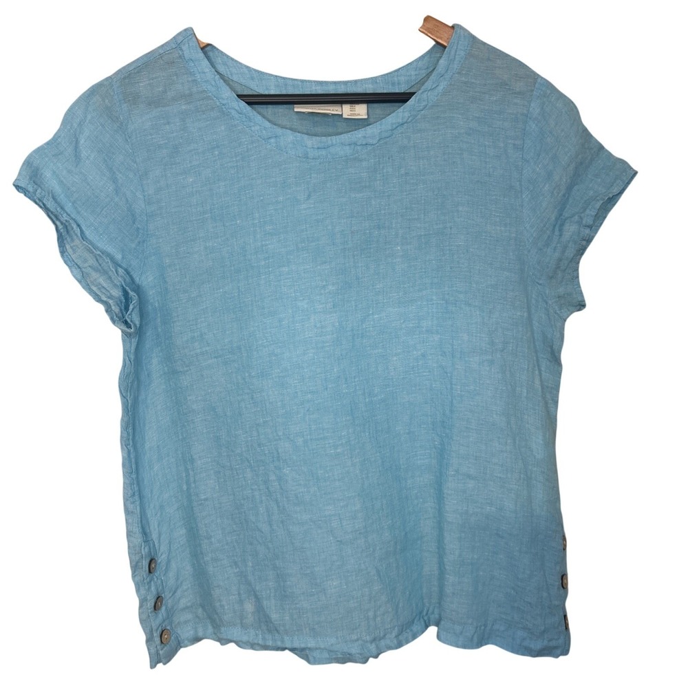 Cynthia Rowley Blue Linen Top Buttons‎ Boxy Relaxed Fit Large Beach Coastal